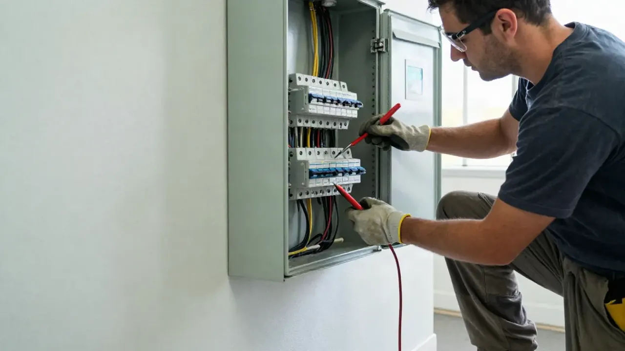 Fuse Box to Breaker Panel Conversion in Upland, California: electrician connecting new circuit breakers into a freshly