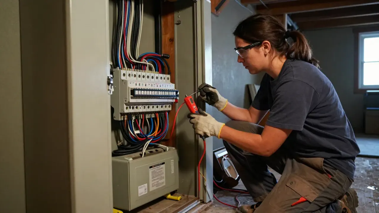 Electrical Panel Upgrade in Upland, California: electrician using a voltage tester to confirm power is off before beginning