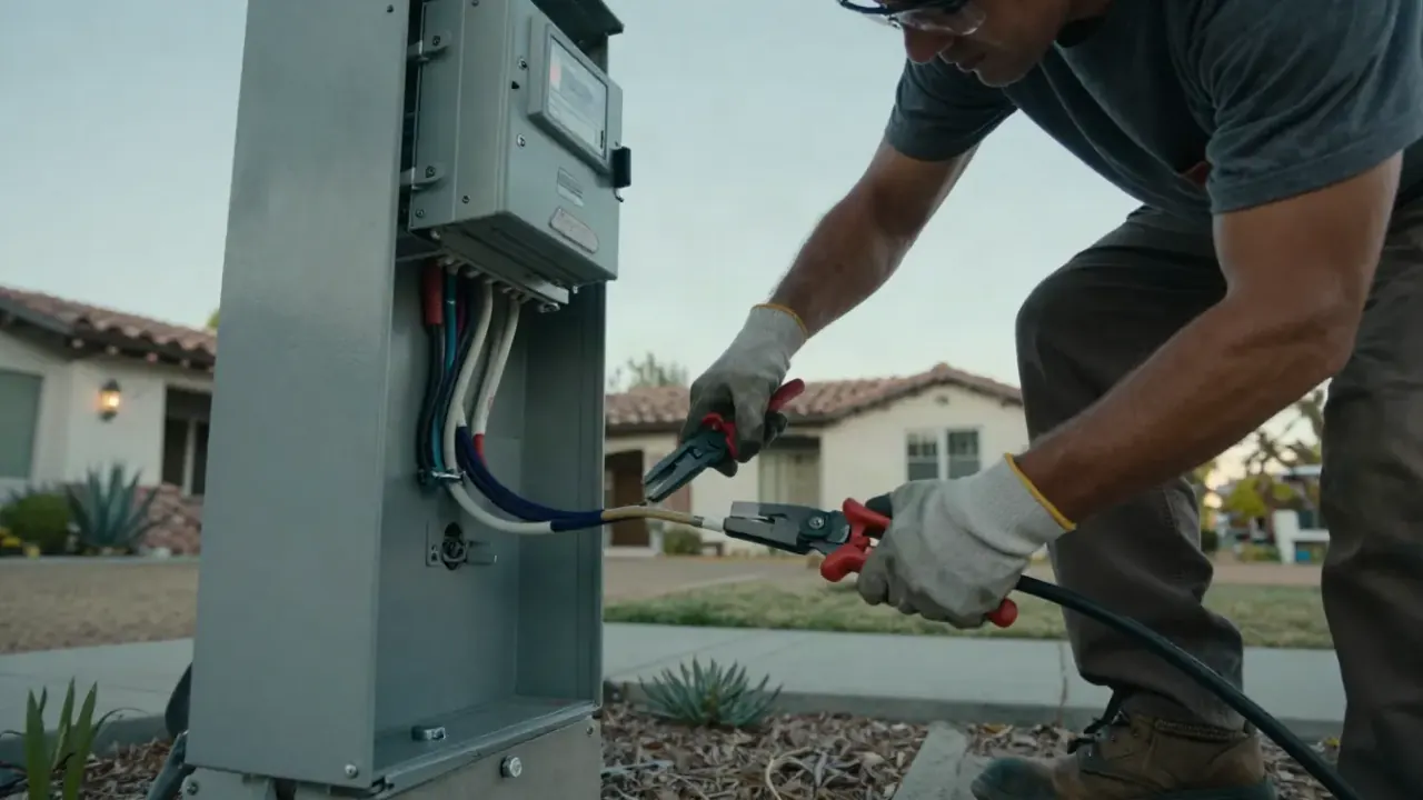Electrical Panel Upgrade in Upland, California: close-up of an electrician's hands, wearing work gloves, meticulously