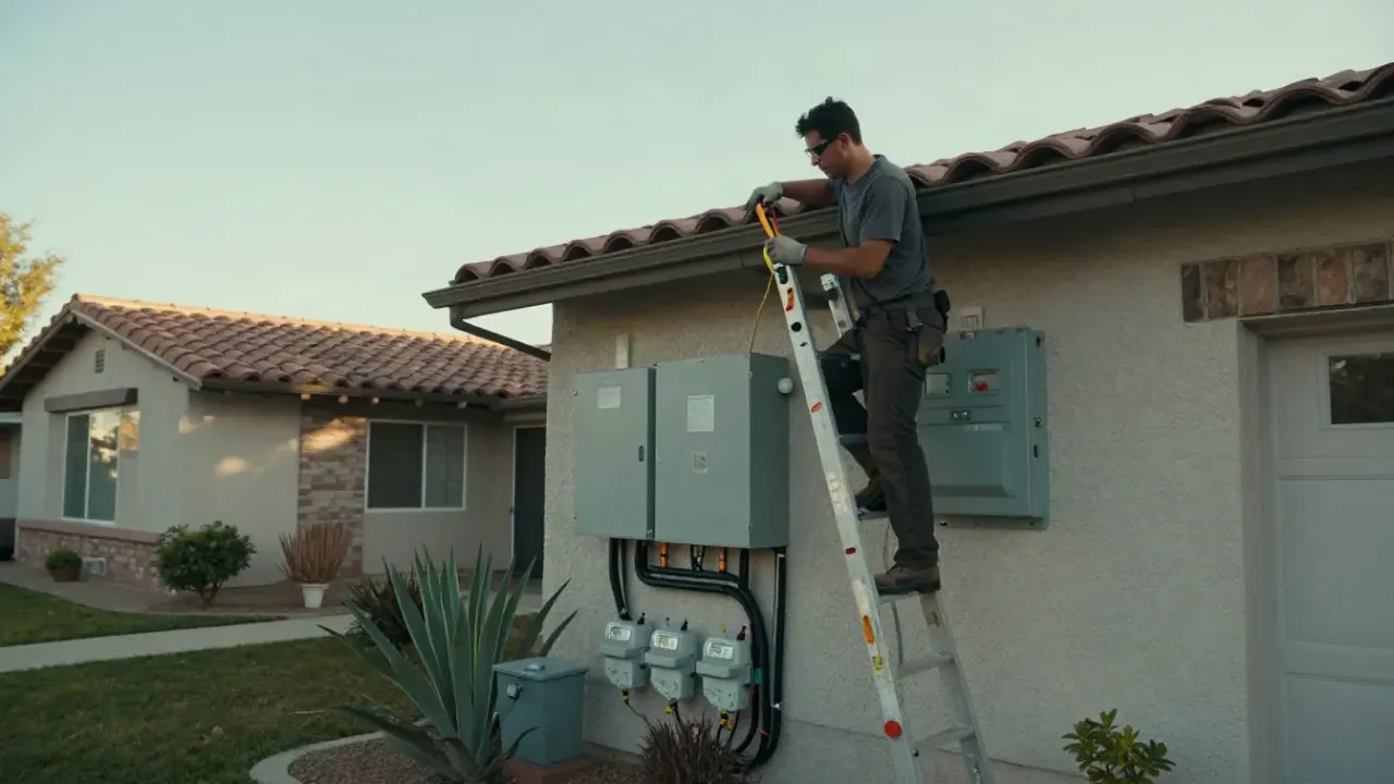 Electrical Panel Upgrade in Upland, California: wide shot of an electrician on a ladder, safely working on a service mast