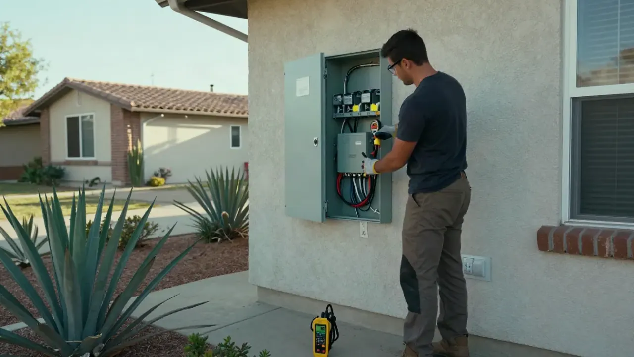 EV-Ready and Solar-Ready Panel Upgrades in Upland, California: electrician securing a new solar-ready main panel with