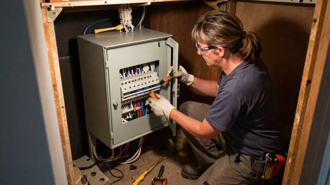 Outdated Panel Replacement in Upland, California: electrician securing the cover plate onto a newly installed, modern