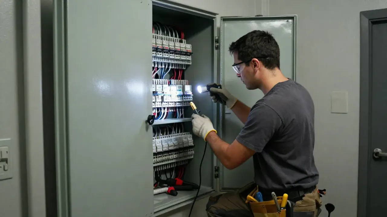 Electrical Load Calculation and Inspection in Upland, California: electrician meticulously inspecting the condition of